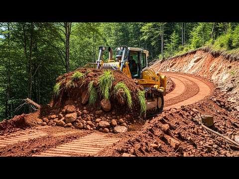 Beautiful Road Optimizing By A Massive Bulldozer Cutting Road Through Steep Mountain Terrain