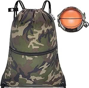 draw string back bag, Large Gym Sports string backpack for men and women with front zipper pocket and inside zipper pocket to keep key or phone (green camo)