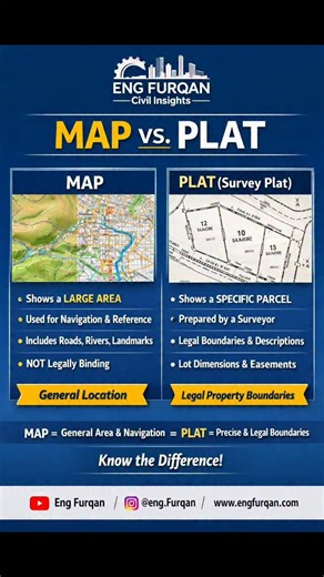 Civil Engineer Surveyor on Instagram: "🗺️ MAP vs. PLAT (Survey Plat) — Know the Difference! A map shows a large area and is used for navigation and general reference, including roads, rivers, and landmarks. It’s not legally binding. A plat (survey plat) shows a specific parcel, prepared by a licensed surveyor, and includes legal boundaries, lot dimensions, easements, and property descriptions — making it a legal document. 📌 Map = General location & navigation 📌 Plat = Precise & legal property