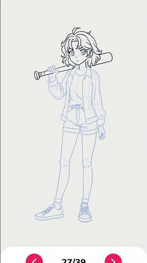 girl with bat drawing with step by step