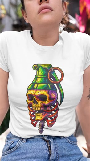 Skull Grenade T-Shirt Unisex Adult Youth Toddler | Colorful Explosive Skull Graphic Tee | Punk Tattoo Style Edgy Gift Shirt for Women Teens