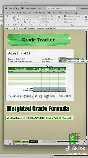Use this grade tracker in Excel to automatically calculate for final grade with category weights/percents. #edutok #learnontiktok #excelwithk #excelfun #excelproject #grades #studenthack #studyhack #teachertok #learnexcel #learnontiktok #gradecalculator