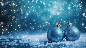 Download Christmas blue background. Branches of a blue spruce, Christmas tree decorations along the edge, it is snowing, lights are sparkling. for free
