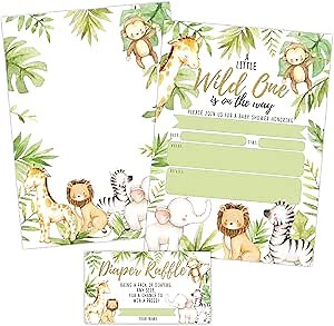 Your Main Event Prints Jungle Baby Shower Invitations - Safari Elephant, Giraffe, Lion, and Monkey Baby Shower Invites with Diaper Raffle Cards - Sprinkle - 20 Invites Including Envelopes