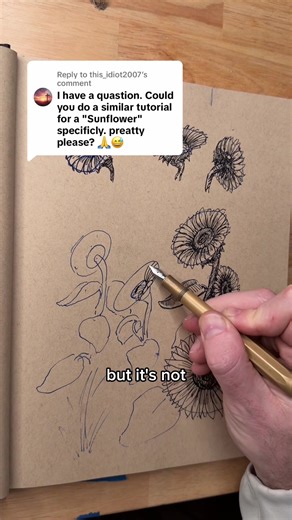 Replying to @this_idiot2007 tap the link in my bio to start the drawing drills course. Sunflowers come from simplified shapes. Starting with ovals and connecting them to another in the center.