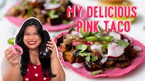 Have a taste of this pink taco stuffed with eggplant for a satisfying veggie treat! Full video: https://youtu.be/RYbxwDNZGDI | Just Eat Life
