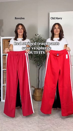 65K views · 49 reactions | Save vs splurge red striped track pants! Honestly I like the fleece Old Navy pants for the price but they don’t work as well form the dressier outfits at the end. Thoughts? Comment “link” for details (must be following). Striped track pants, Revolve track pants, Old Navy track pants, red pants, track pants outfit ideas, trackpant outfits | CB Styled | Facebook