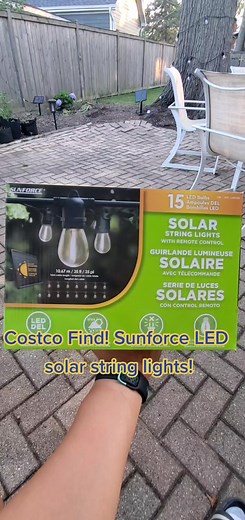 Costco find! Sunforce Solar LED string lights #patio #patiomakeover #patioseason #patiodecor #patiodesign #costco