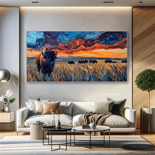 Original Oil Painting on Canvas 3D Textured Wall Art Bison Herd Against Vibrant Sunset Colorful Landscape Art Western Themed Living Room Art - Etsy Hong Kong