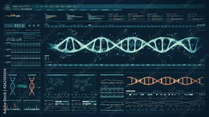 Detailed digital interface of futuristic DNA analysis process. Human DNA sequence monitor. High quality medical HUD. Front view of bright futuristic medical screen in hospital.