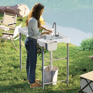 Outsunny Folding Fish Cleaning Table with Sinks, Outdoor Fillet Table with Faucet, Drainage Hose, Sprayer, Shelf, Drawer and Storage Basket, White
