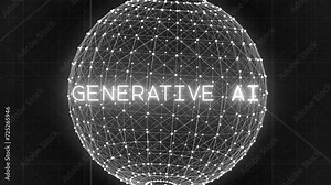 Glowing white particles gravitate towards each other to form a perfect sphere as the phrase "GENERATIVE AI" populates above