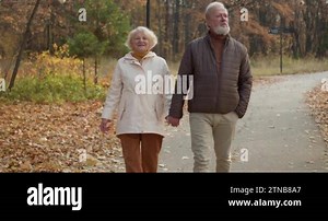 Caucasian old happy couple walking together in the beautiful park in autumn and holding each other at hand. Slow motion. old people have a date, stroll in the forest Lifestyle Love Relationship Stock Video Footage - Alamy