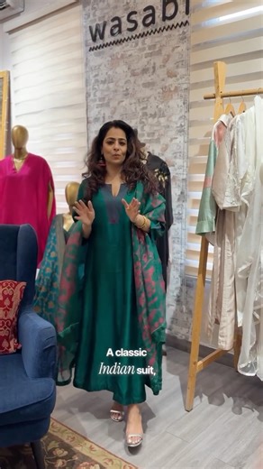 W A S A B I on Instagram: "Shilpa in a classic Indian suit—perfect for intimate wedding functions, home rituals, and understated celebrations. ✨ Comfortable, graceful, and endlessly wearable. • • • • • • #IndianSuit #WeddingGuestOutfit #SmallWeddingLook #EthnicWear #DesiElegance #SuitSet #WeddingFunctionOutfit #IndianFashionBrand"
