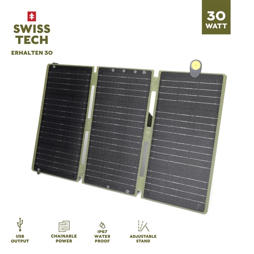 Swiss Tech Foldable Solar Panel, 30W, USB-A and USB-C, Phone Charger, Waterproof, Emergency Use, Panel Only