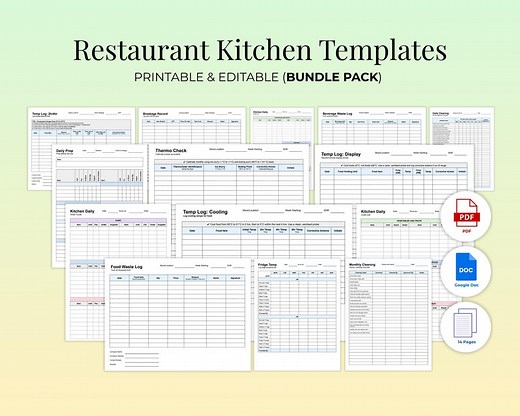 Restaurant Kitchen Templates Bundle | Printable and Editable BOH Order   Prep List, Food Temp Logs, Wastage Record, Cleaning Checklist - Etsy