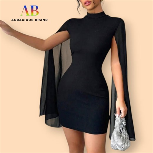 Elegant Black Cape Mini Dress Women High Neck Bodycon Sleeveless Summer Dress Chic Evening Party Outfit - Etsy