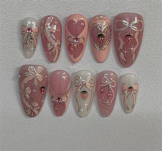 Pink Strawberry Press on Nails With 3D Chrome Ribbons | Sweet Strawberry Shortcake Fake Nails | Luxury Coquette Heart & Bow Nails - Etsy