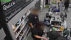 Terrifying CCTV footage of the moment a knife-wielding robber stole cash and cigarettes from a Co-op in Derby in January. Desmond Myers, 25, from Nottingham, was jailed on Friday for seven years. | BBC Nottingham