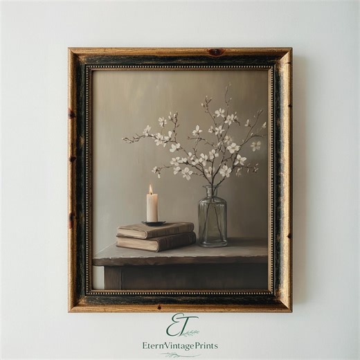 Printable Rustic Library Table Art - Vintage Books, French Country Cottagecore Artwork, Cozy Candlelit Oil Painting, Digital Download 81