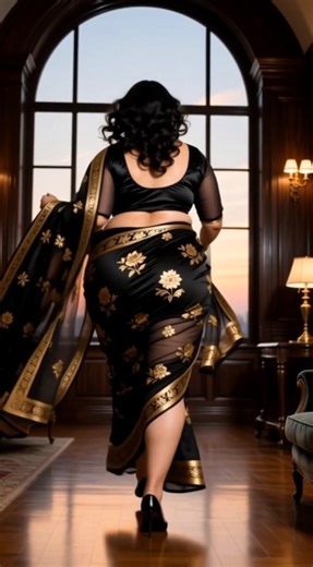Elegant Woman in Black Saree Walking Gracefully Indoors ✨ | Royal Saree Look #SareeStyle #Shorts