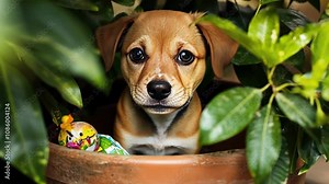 Puppy Hiding in Pot: A cute brown and white puppy hides in a pot with green leaves, creating a playful and captivating scene.