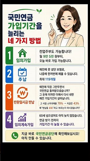국민연금 수령액을 늘리는 4가지 방법 #국민연금 #기초연금 #기초연금수급자격 #전업주부 #연금늘리기 #연금재테크 #임의가입 #추후납부 #반환일시금반납 #임의계속가입 #Shorts