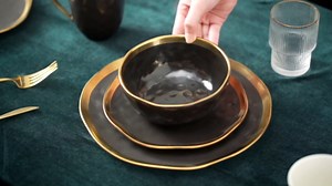 Stone Lain Florian Modern Porcelain Dish Set, 32-Piece Dishes for 8, Gold and Black