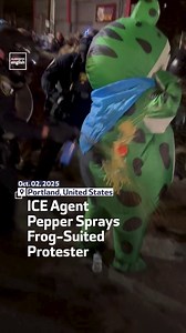 An ICE agent sprays pepper spray into the air vent of a protester wearing a frog costume during a demonstration in Portland. #Portland | Al Arabiya English