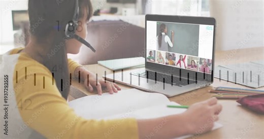 Girl taking notes in notebook viewing laptop as teacher writing for education moving bars on screen
