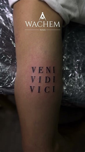 "Veni Vidi Vici" Black Lettering Forearm Tattoo