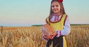 Bulgarian girl in ethnic folklore embroidery traditional costume with homemade baked bread in a golden wheat agricultural field, Bulgaria nature