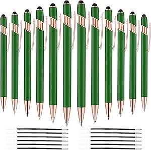12 PCS 2 in 1 Stylus Ballpoint Pen with Stylus Tip, 1.0 mm Black Ink Metal Pen Stylus Pen for Touch Screens (Light Green)