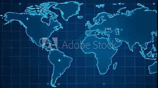 A digital world map with blue continents and grid lines on a dark blue background showing locations with glow animation.
