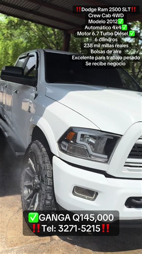 Precio: Q145,000!!! OFERTA!!! Dodge Ram 2500 SLT Crew Cab 4WD Modelo 2012 Automático 4x4 Motor 6.7 Turbo Diésel 6 cilindros Asientos de tela Cabina super amplia Aire Acondicionado Mandos al timón Asientos eléctricos Vidrios y retrovisores eléctricos Pantalla original 238 mil millas Llantas al 90% Aros de lujo Estribos, neblineras Bolsas de aire Millas Reales Excelente para trabajo pesado Papelería en orden Se recibe negocio Contamos con Visacuotas #Viral #fyp #parati #guatemala #RAM