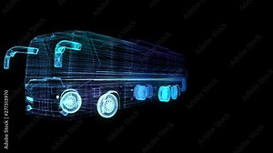 City bus. Truck. Glow points and line formation of 3d Model Bus. Rotating. Seamless loop 4k animation. Digital technology visualization of 3d.