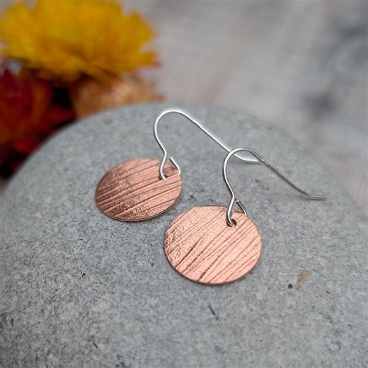 Copper Bark Pattern Disc Earrings - Copper Earrings, Drop Earrings, Handmade Jewellery, Silver Earrings, Gift for Her - Etsy