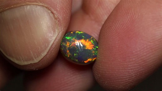 This incredible black opal packs a punch with every turn! Bright flashes of orange and vibrant green rolling across the face of the exceptionally high dome create a vivid dance of colors and patterns. 3.36ct black opal 10.1×7.9×6.5mm https://blackopaldirect.com/product/opal/black-opal/3-36-ct-black-opal-10-1x7-9x6-5mm/ | Black Opal Direct