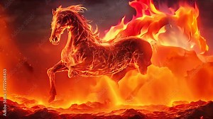 A Fantasy fire horse stallion running from hell through a rocky lava landscape. AI-generated. A hellish theme for Halloween night. AI-generated