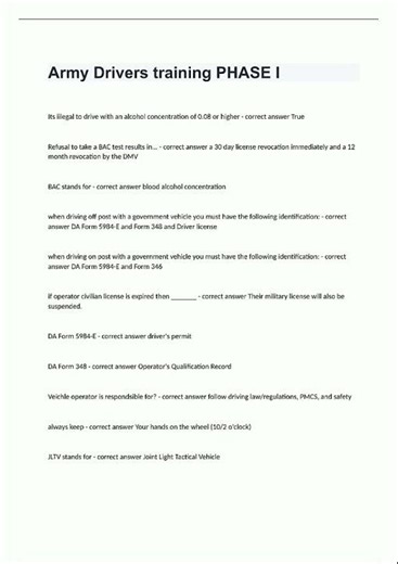 Latest Army Drivers training PHASE I EXAM QUESTIONS AND COMPLETE CORRECT ANSWERS 86 video