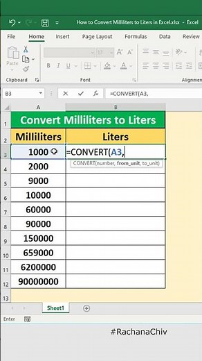 How to Convert Milliliters(mL) to Liters(L) in Excel #excel #shorts
