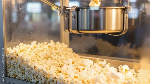 Fresh popcorn pops in machine and spills into container during evening showing at the theater with lots of people around