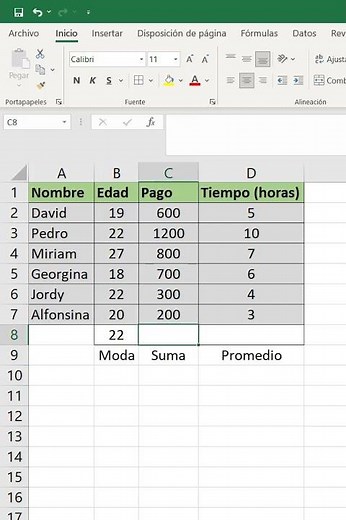 Funcion moda, suma y promedio en Excel