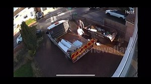 Can of expanding foam sprays UK tradesmen loading up skip