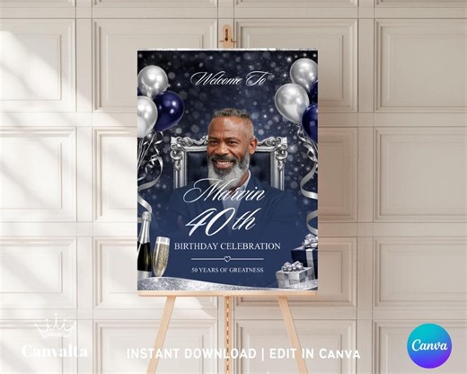 Navy Blue 40th Birthday Sign | Silver Glitter, Canva Template (digital Download) - Etsy