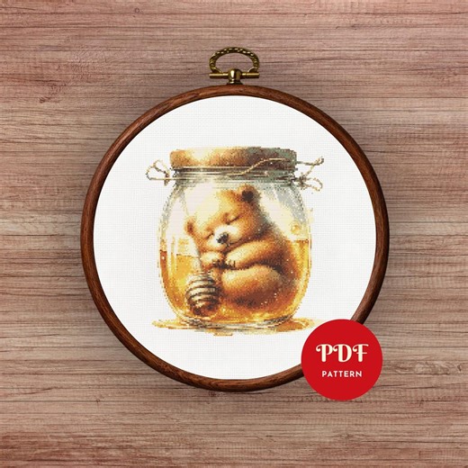 Baby Bear in Honey Jar Cross Stitch Pattern,animal Embroidery Design,needlepoint Chart, Easy Cross Stitch PDF Pattern, Instant Download, DIY - Etsy