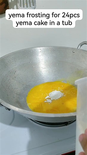 yema frosting for 24pcs yema cake in a tub ingredients: 16 pcs eggyolk 6 tablespoons cornstarch 4 can condensed milk 4 can evap milk drops of egg yellow food color(optional) 1 tsp vanilla 1/4 cup butter | Jean Tutañes