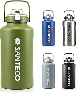 SANTECO 64OZ Vacuum Insulated Half Gallon Water Bottle - Keep Hot Cold Vacuum Flasks with Straw & 2-IN-1 Spout Lids & Handle 1.9L Stainless Steel Water Jug for Sport Camping