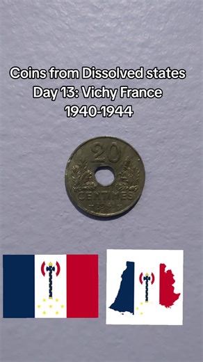 Vichy France, also known as the Pétainist regime (French: Régime pétainiste) and Pétainist France, officially the French State (État français), was a French rump state headed by Marshal Philippe Pétain during World War II, established as a result of German victory in the Battle of France. It was named after its seat of government, the city of Vichy. #France #ww2 #history #coins #fyp