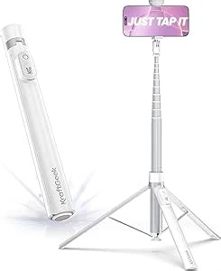 KraftGeek 66” JustTap Phone Tripod for iPhone, Selfie Stick Cell Phone Stand for Recording Travel, Content Creator Essentials, White